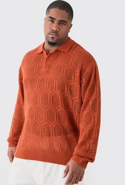 Plus Oversized Long Sleeve Crochet Knit Polo In Rust Rust