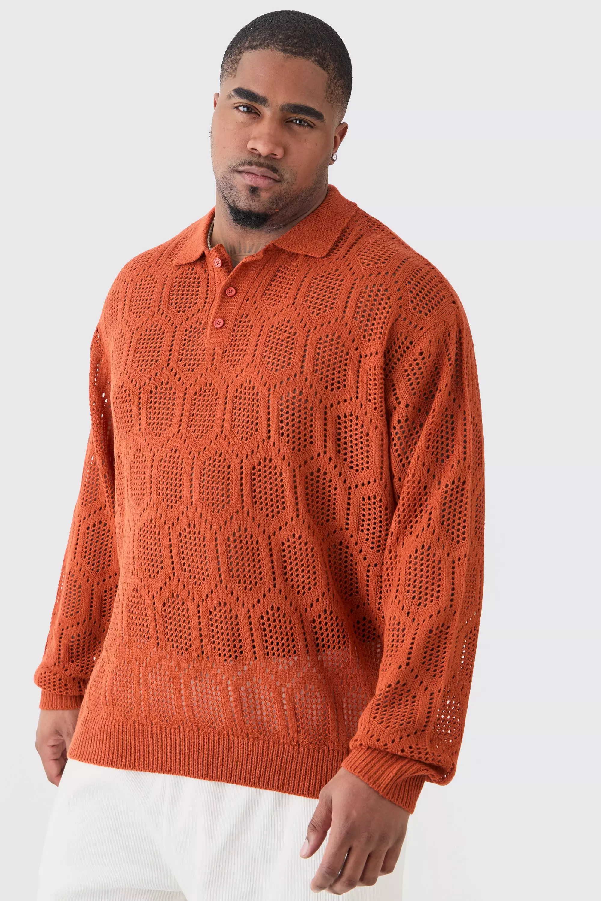 Plus Oversized Long Sleeve Crochet Knit Polo In Rust Rust