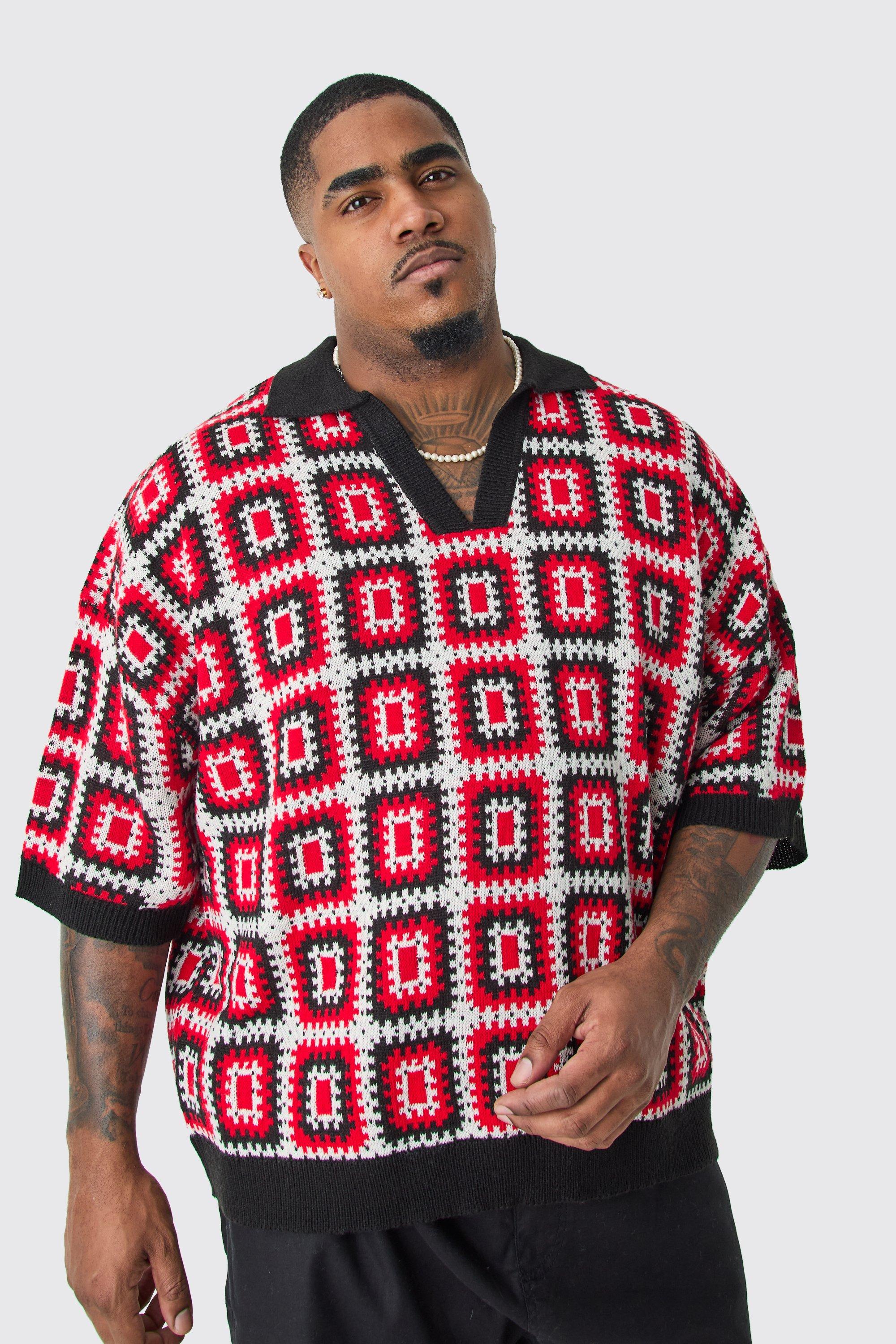 Plus Short Sleeve Boxy Fit Crochet Knit Polo In Red | boohooMAN USA