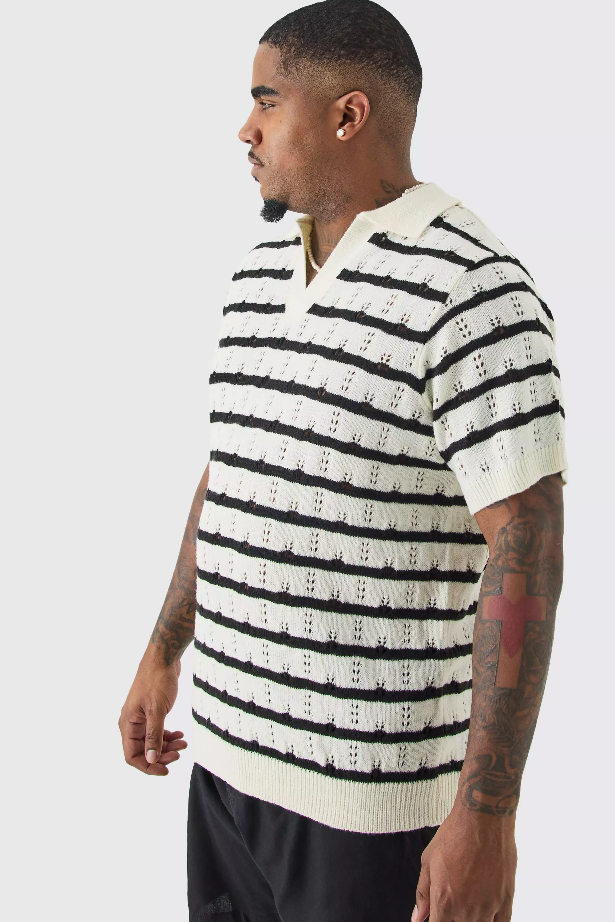 Plus Short Sleeve Regular Crochet Knit Stripe Polo In Ecru Ecru