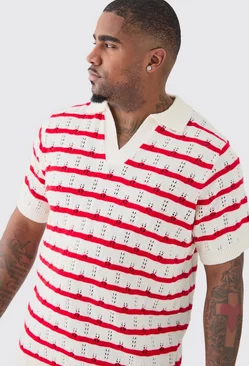 Plus Short Sleeve Regular Crochet Knit Stripe Polo In Red Red