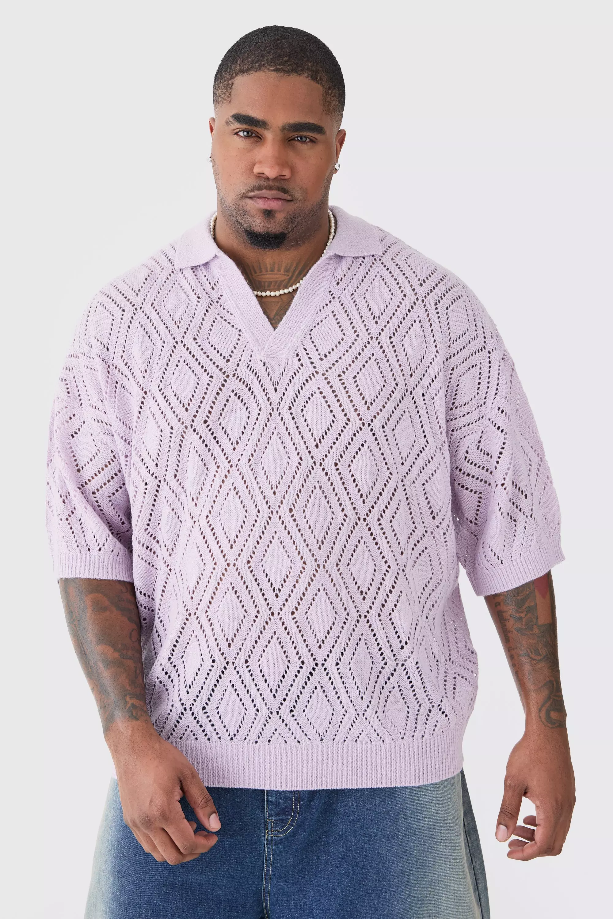 Plus Short Sleeve Boxy Fit Revere Open Knit Polo In Lilac Lilac