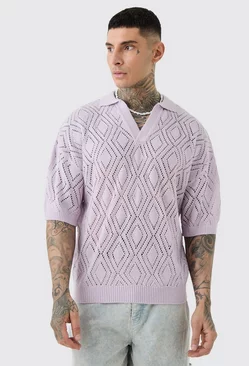 Tall Short Sleeve Boxy Fit Revere Open Knit Polo In Ecru Lilac