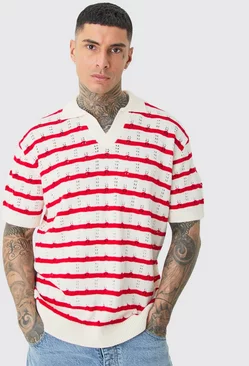 Red Tall Short Sleeve Oversized Crochet Knit Stripe Polo In Red