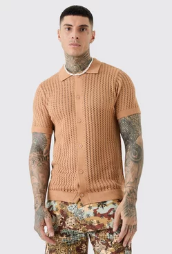 Tall Open Stitch Short Sleeve Knitted Shirt In Taupe Taupe