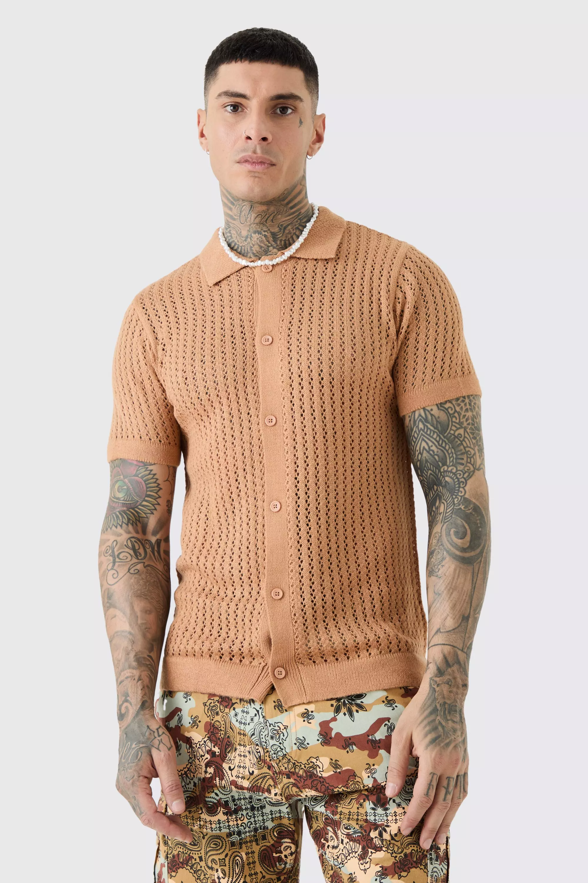 Beige Tall Open Stitch Short Sleeve Knitted Shirt In Taupe