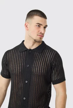 Tall Open Stitch Short Sleeve Knitted Shirt In Black Black