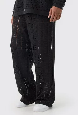 Black Plus Relaxed Fit Crochet Knit Trousers In Black