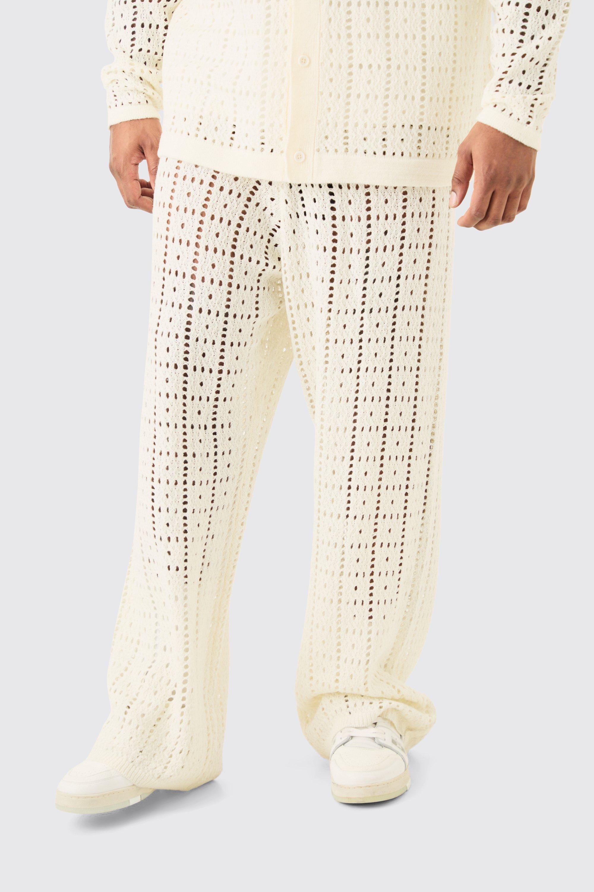 White Knit Pants Wide Leg Crochet