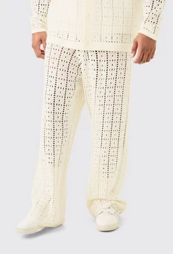 Plus Relaxed Fit Crochet Knit Trousers In White White
