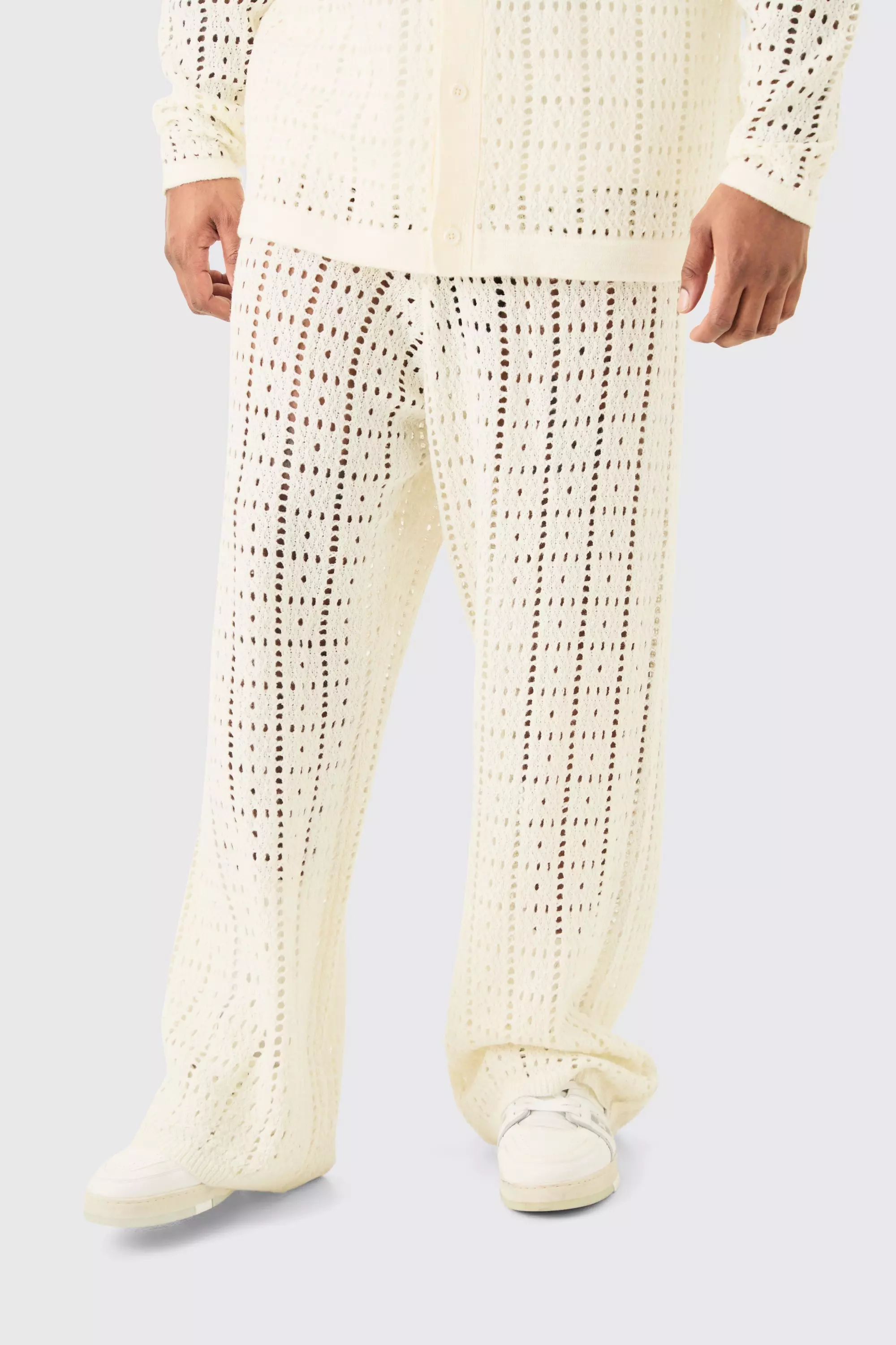 White Plus Relaxed Fit Crochet Knit Trousers In White