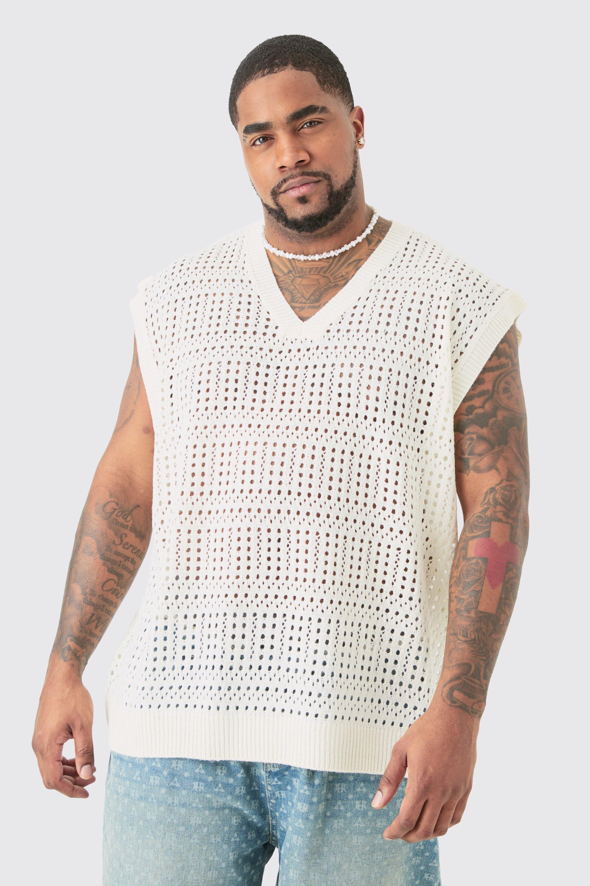 Plus Oversized Crochet Knit Sweater Vest In Ecru | boohooMAN USA