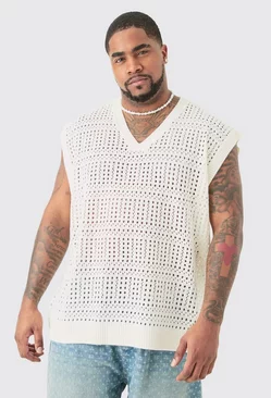 Plus Oversized Crochet Knit Sweater Vest In Ecru Ecru