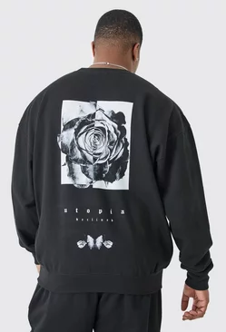Plus Oversized Floral Back Graphic Sweatshirt Black