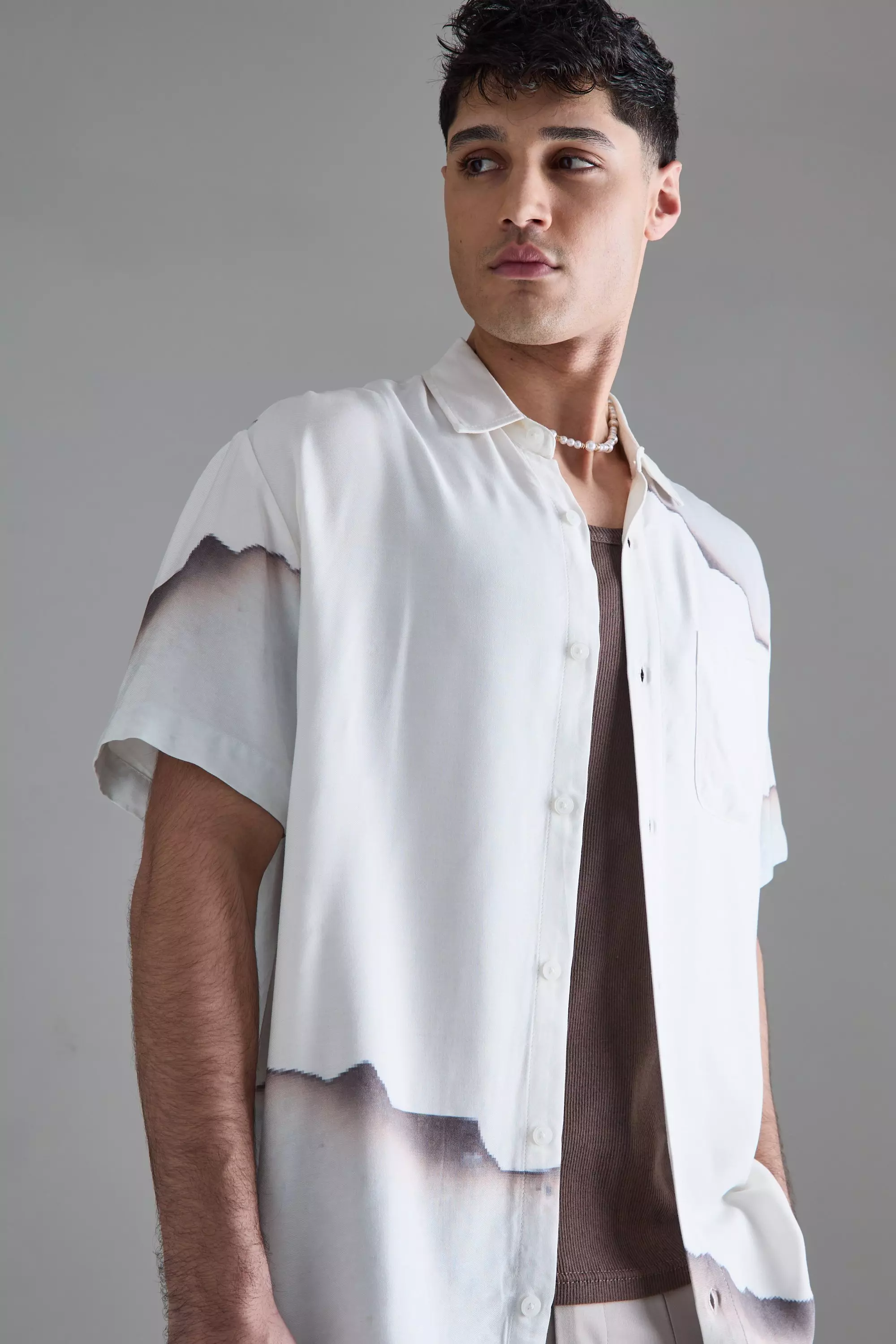 White Short Sleeve Oversized Viscose Blur Burnt Paper Shirt