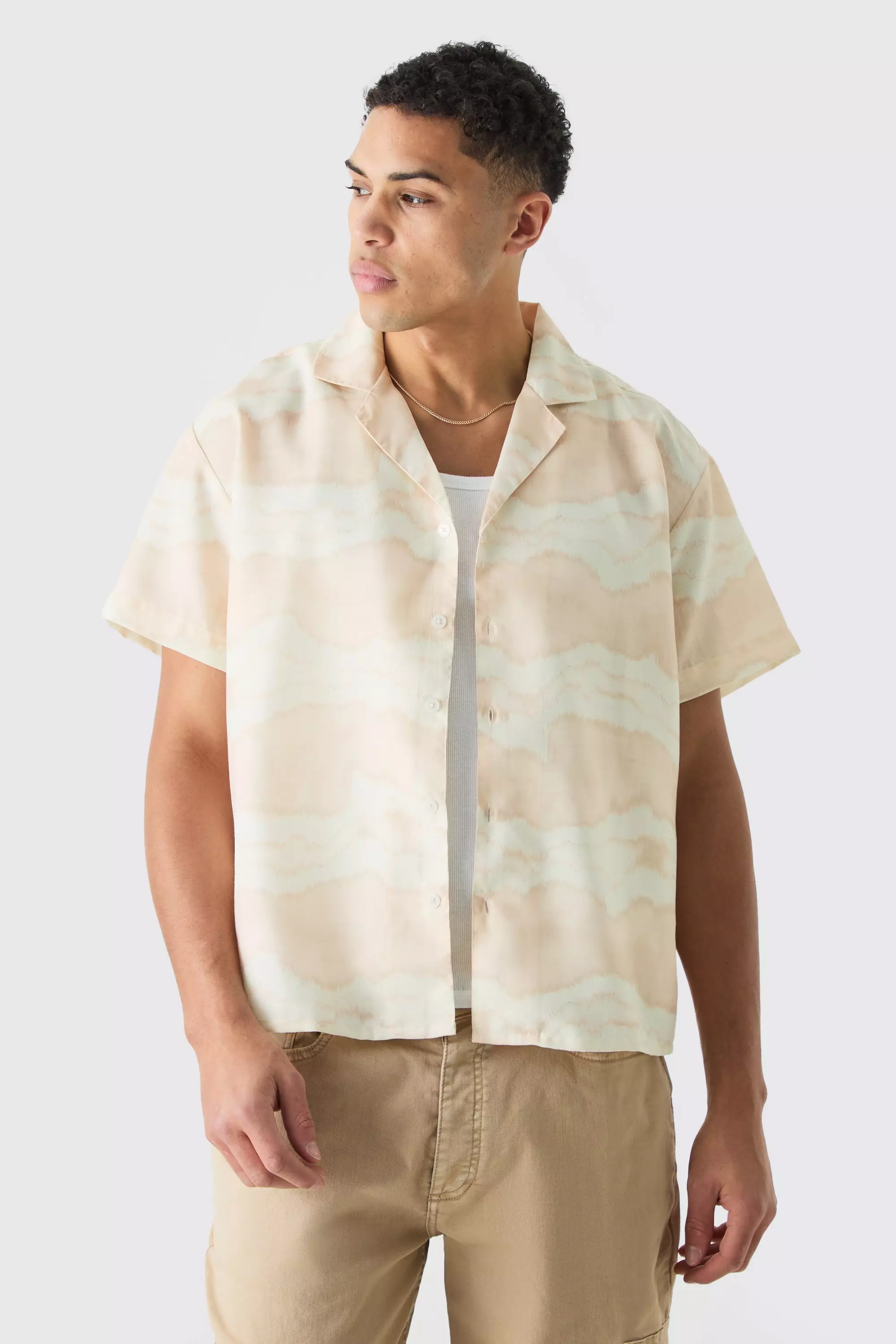 Short Sleeve Boxy Slub Tie Dye Stripe Shirt Beige