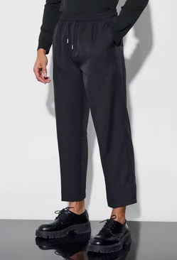 Drawcord Cropped Slim Fit Tailored Trousers Black
