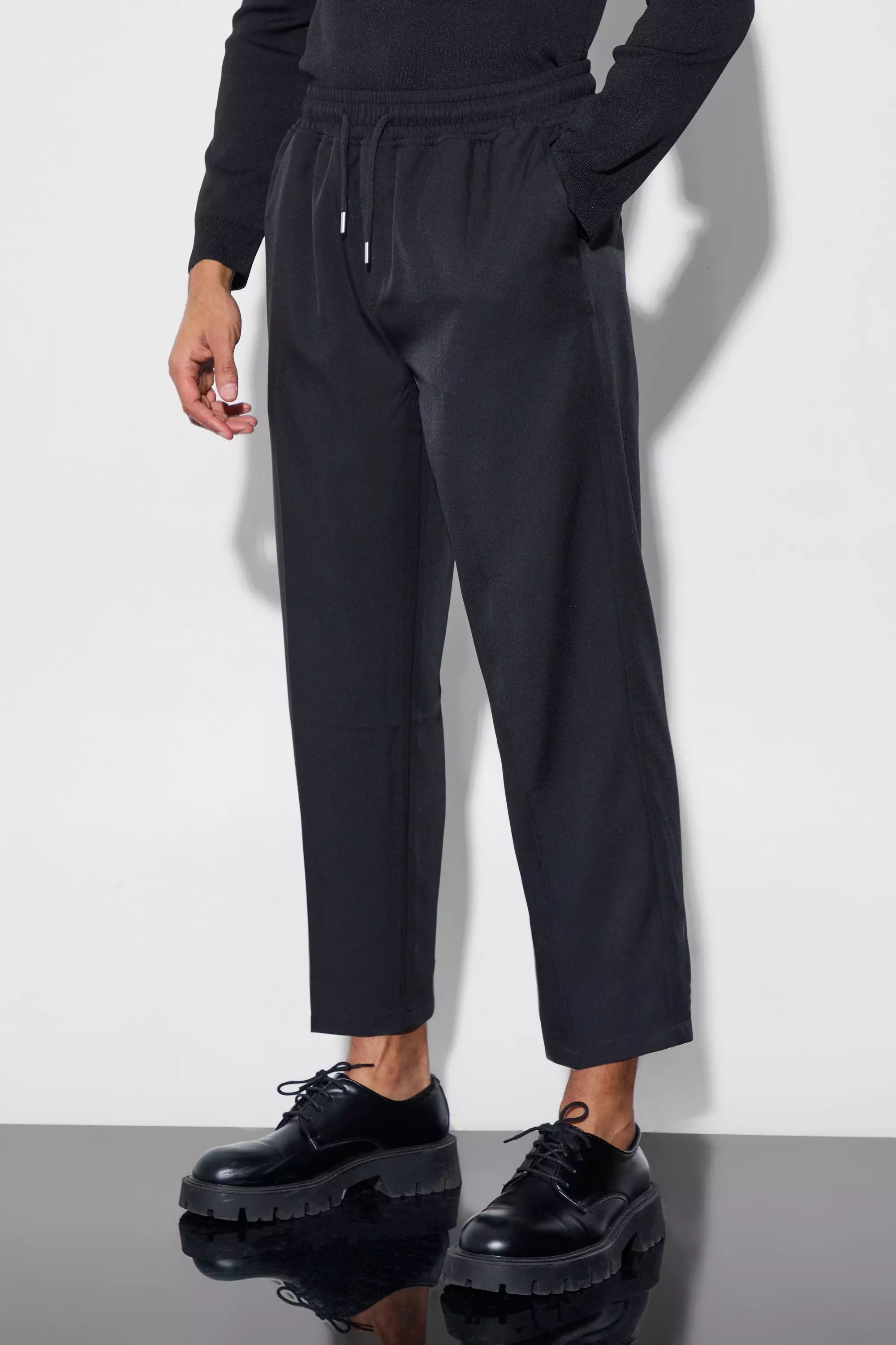 Drawcord Cropped Slim Fit Tailored Trousers Black