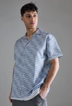 Grey Oversized Short Sleeve Monogram Satin Shirt
