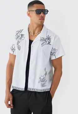 Boxy Revere Floral Pocket Embroidery Shirt White