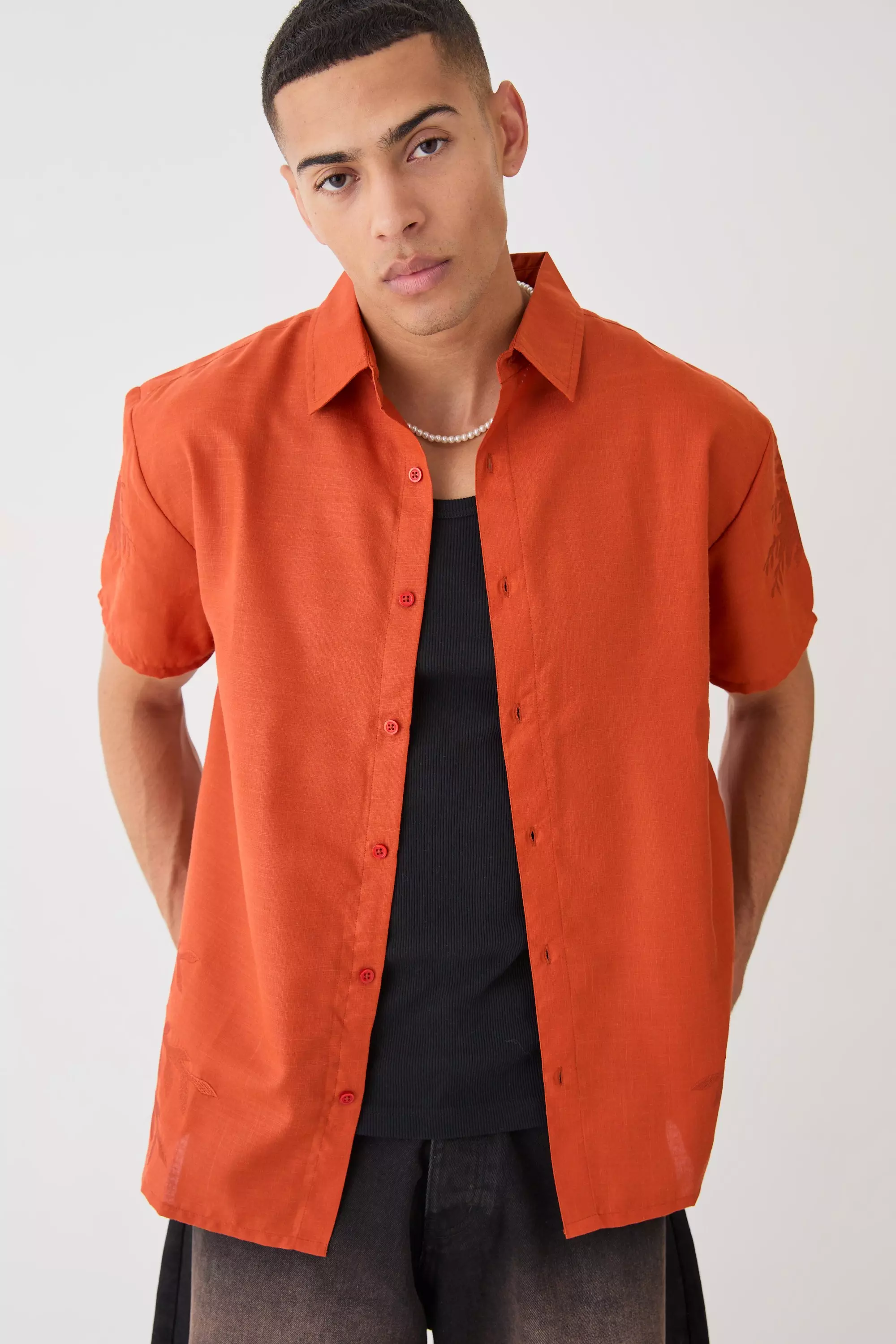 Rust Oversized Linen Look Embroidered Hem Shirt alternative image