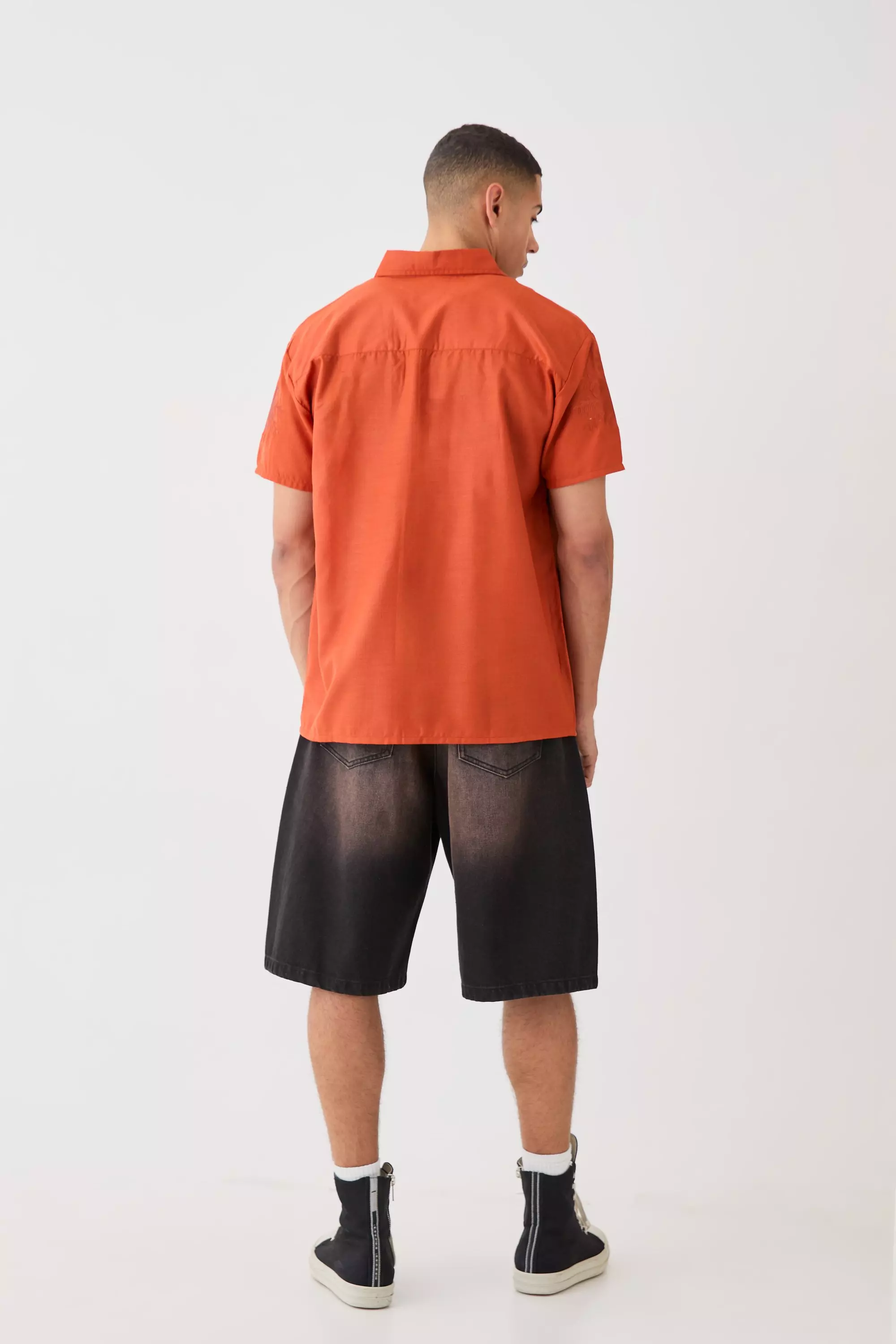 Rust Oversized Linen Look Embroidered Hem Shirt alternative image