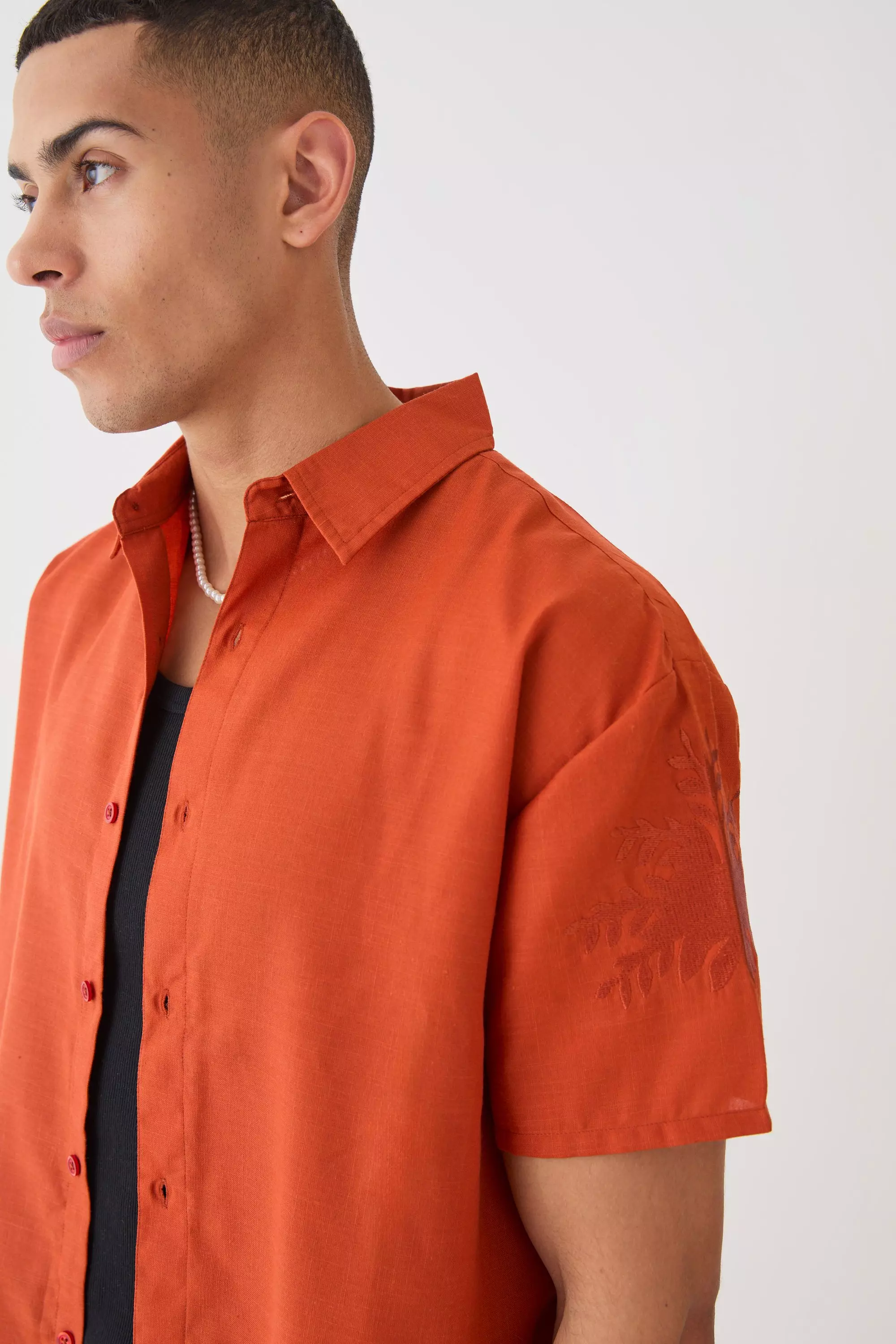Rust Oversized Linen Look Embroidered Hem Shirt alternative image