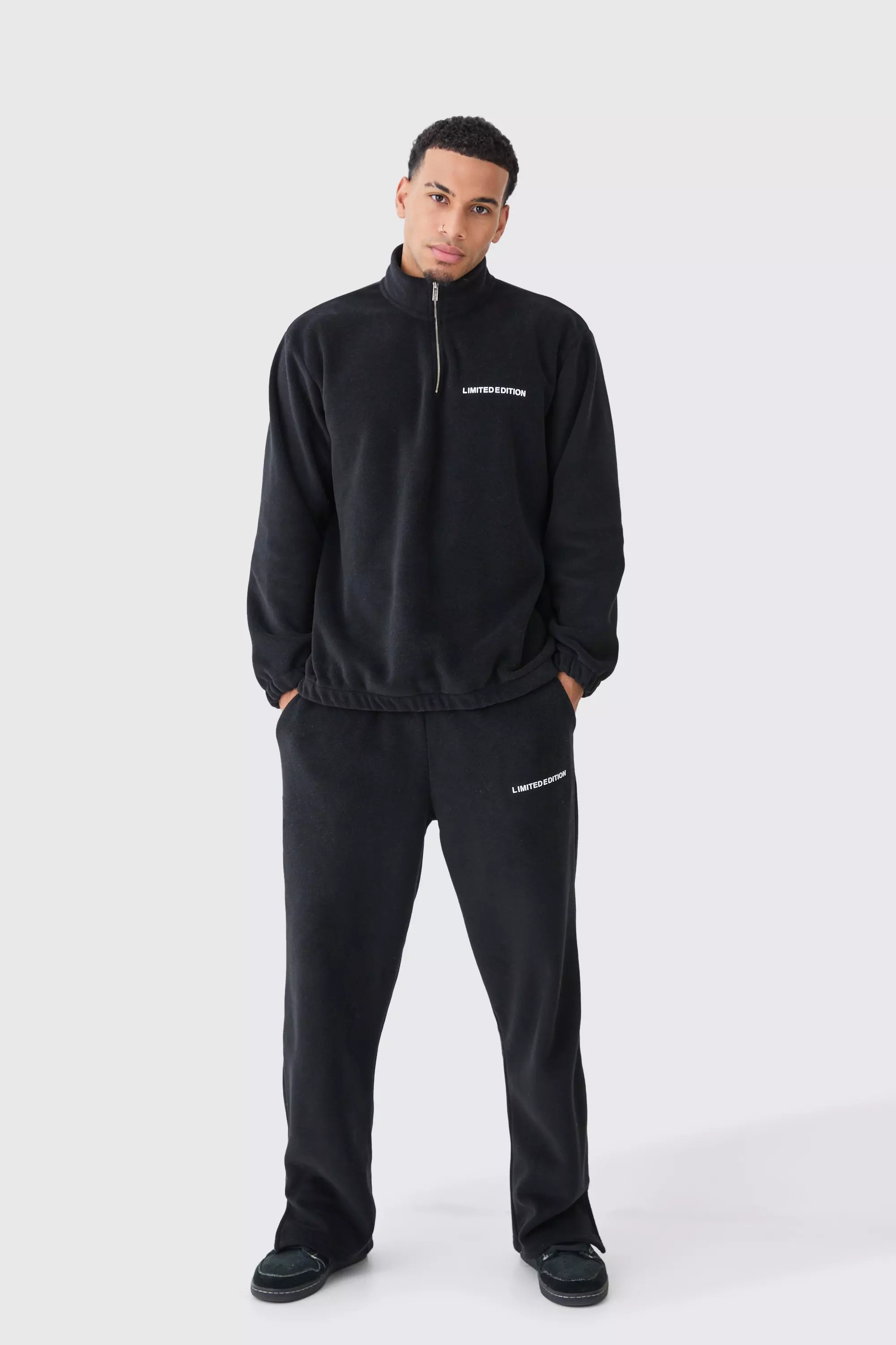 Man Oversized Quarter Zip Funnel Neck Fleece Tracksuit Black