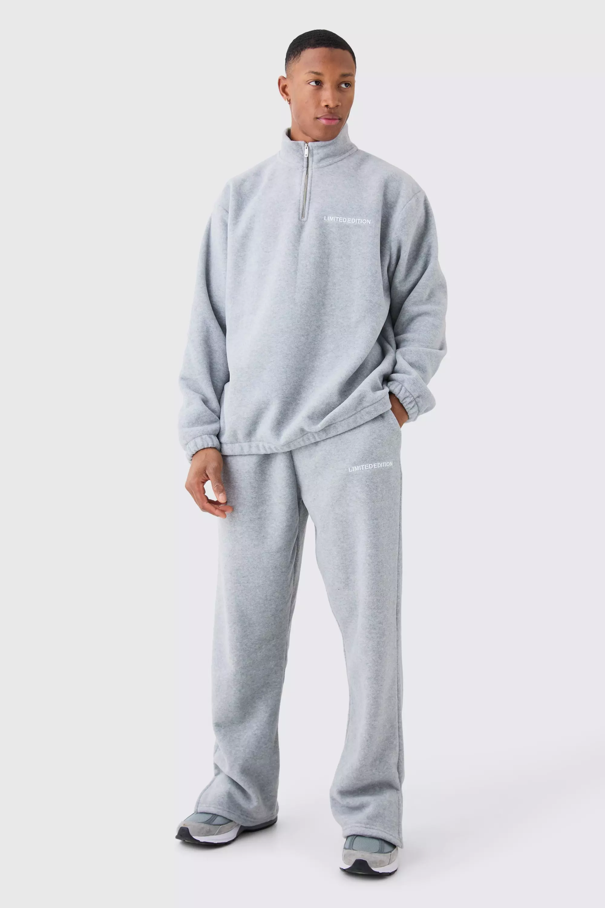 Man Oversized Quarter Zip Funnel Neck Fleece Tracksuit Grey