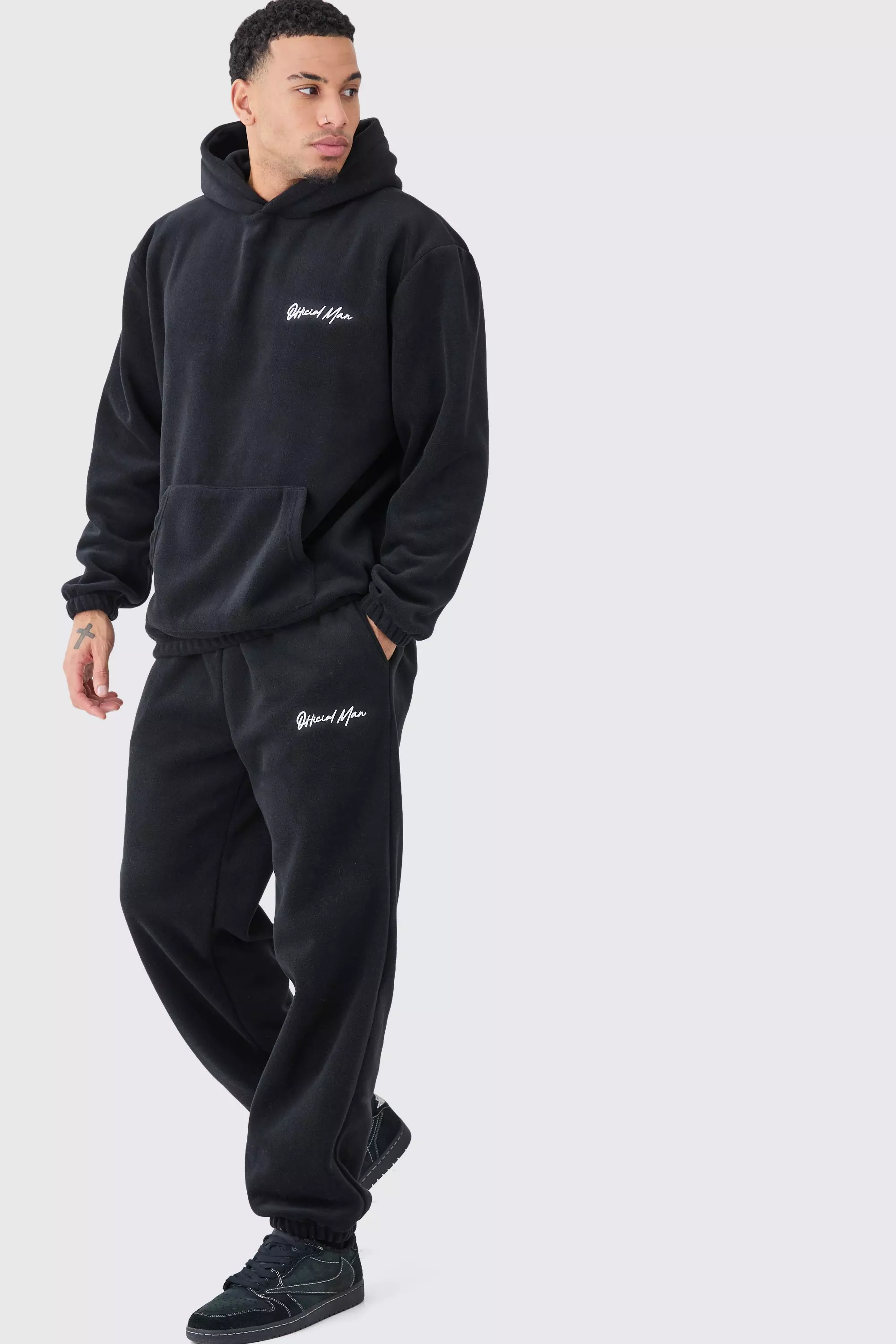 Man Oversized Fleece Hooded Tracksuit Black