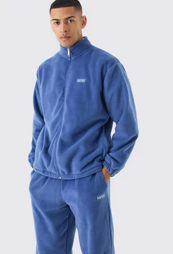 Man Oversized Zip Through Funnel Neck Fleece Tracksuit slate blue