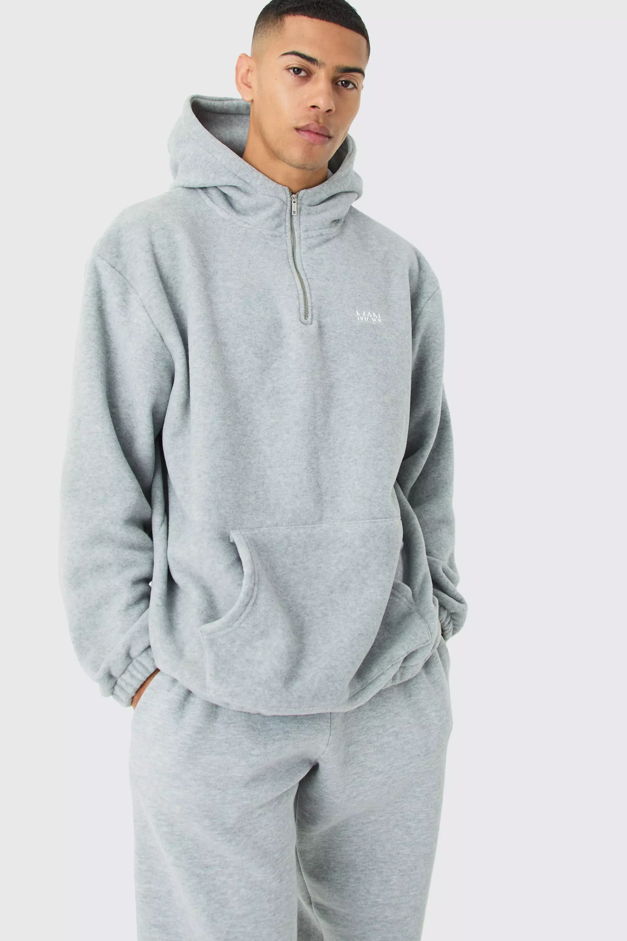 Man Oversized Quarter Zip Funnel Neck Fleece Hoodie Grey