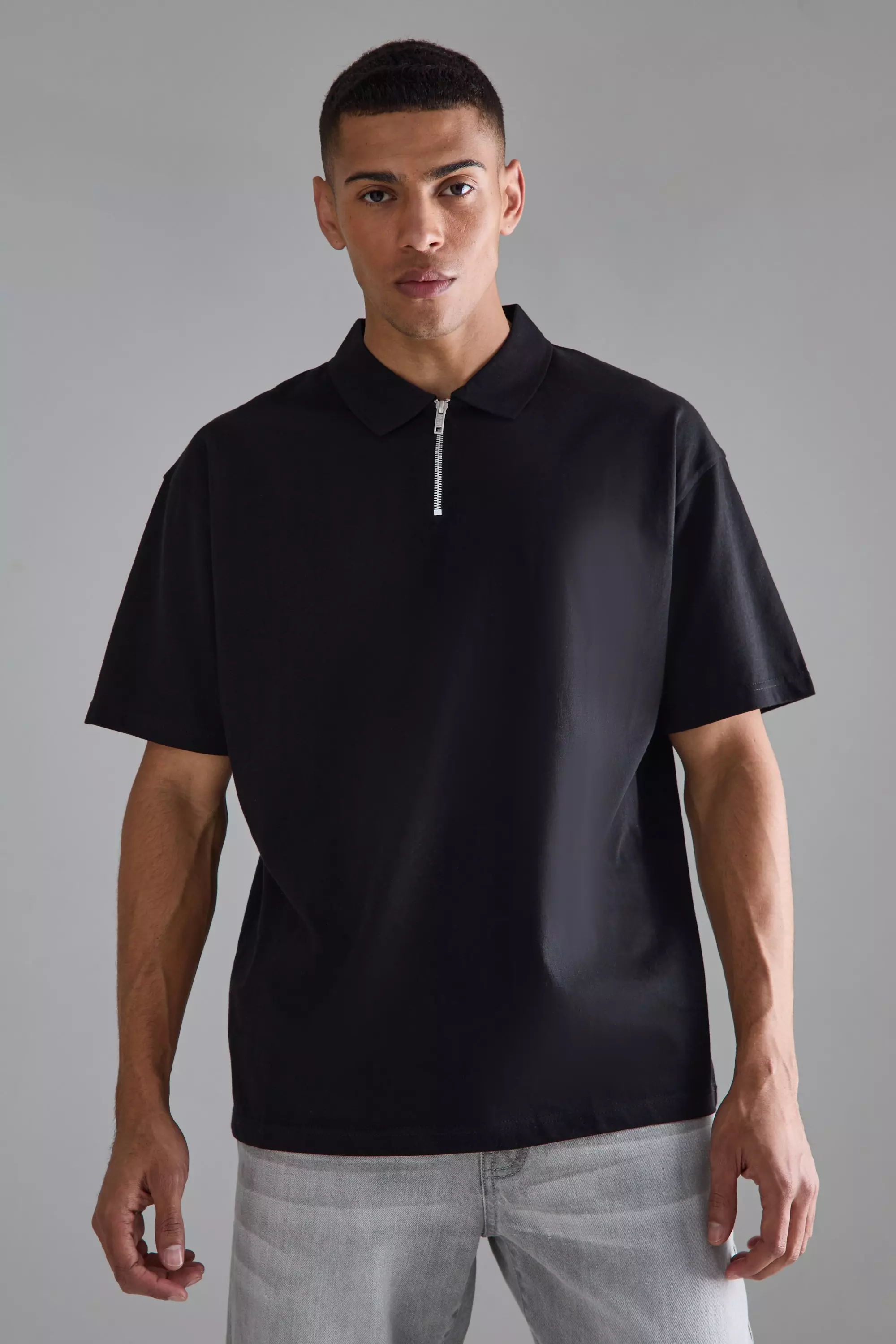 Black Oversized Zip Neck Polo alternative image