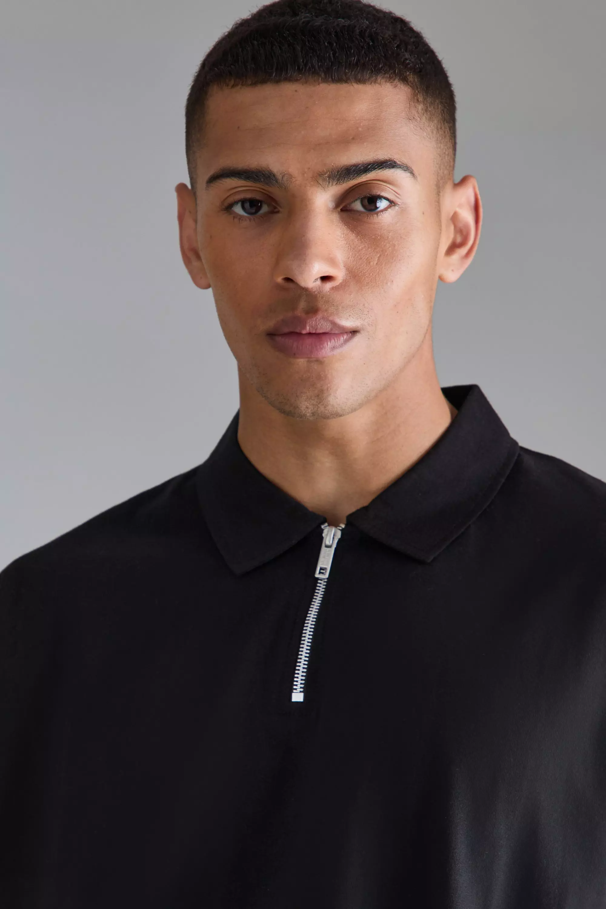 Black Oversized Zip Neck Polo alternative image