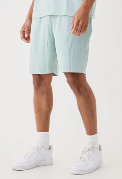 Relaxed Fit Mid Length Stripe Texture Shorts Dusty blue