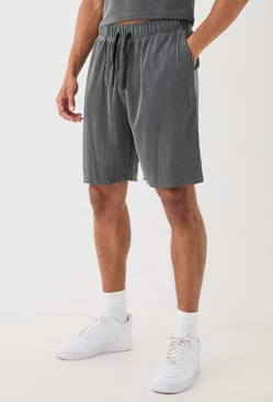 Relaxed Fit Mid Length Stripe Texture Shorts Black
