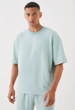 Oversized Boxy Extended Neck Stripe Texture T-shirt Dusty blue