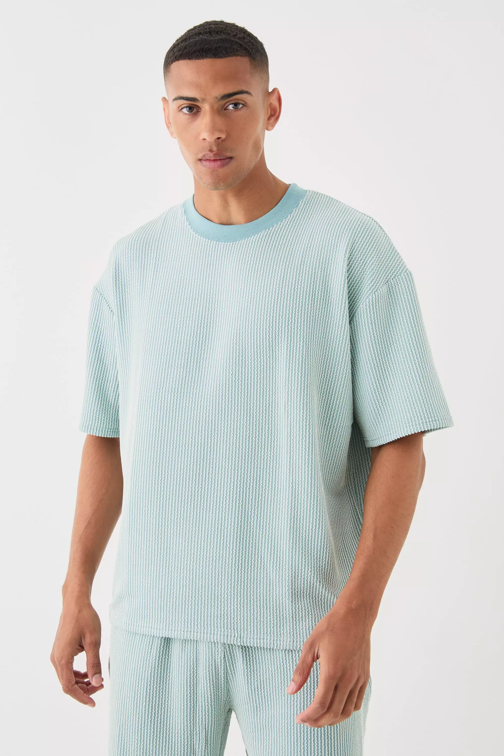 Dusty-blue Blue Oversized Boxy Extended Neck Stripe Texture T-shirt