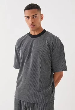 Oversized Boxy Extended Neck Stripe Texture T-shirt Black