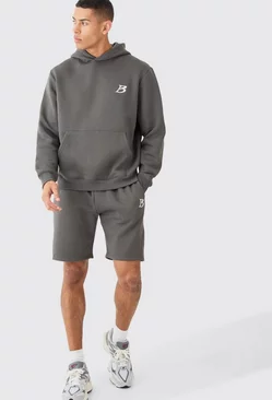 Charcoal Grey Regular Hoodie And Gusset Shorts Set