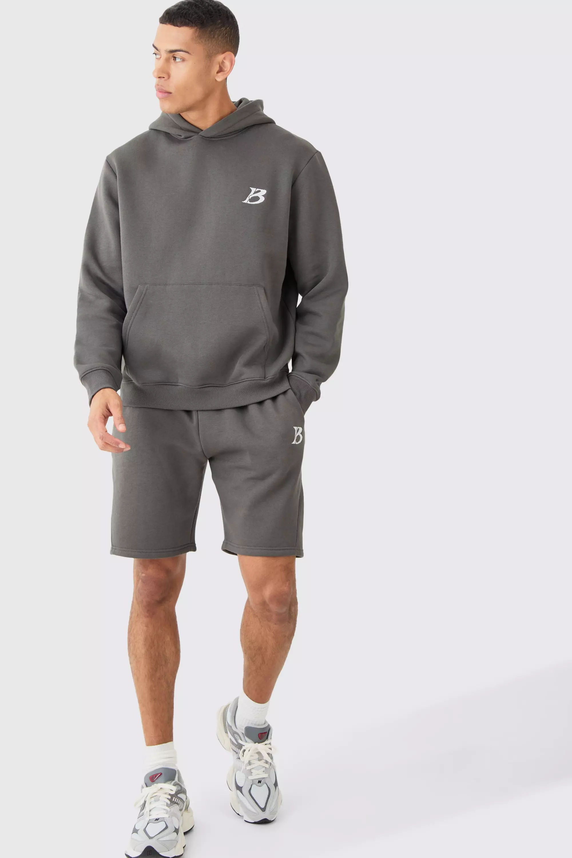 Charcoal Grey Regular Hoodie And Gusset Shorts Set