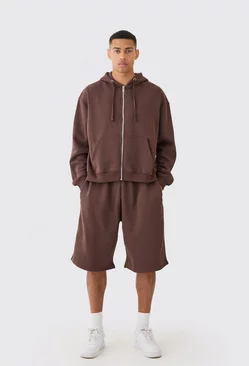 Oversized Boxy Zip Through Hoodie And Long Line Shorts Set Chocolate