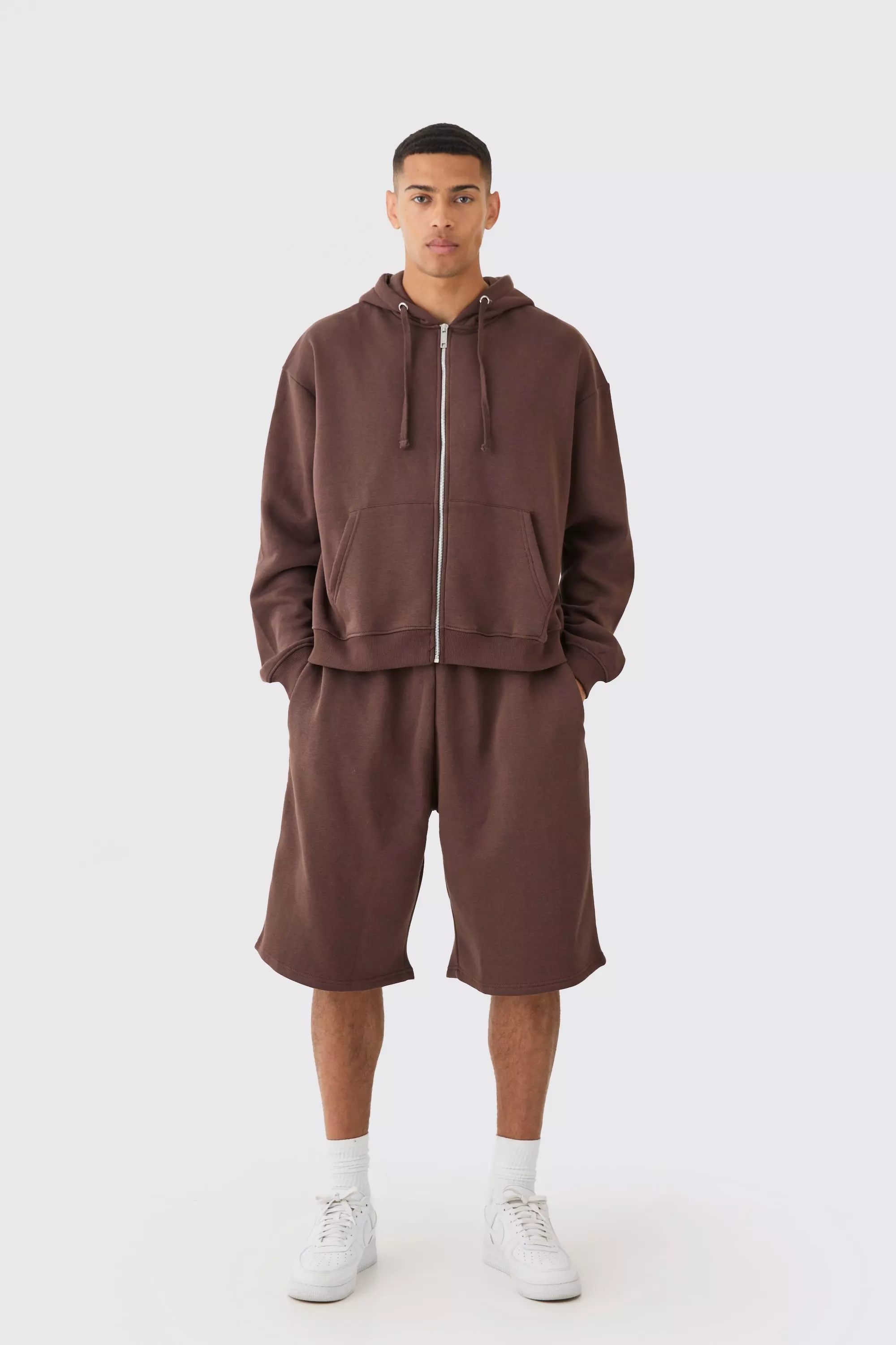 Chocolate Brown Oversized Boxy Zip Through Hoodie And Long Line Shorts Set