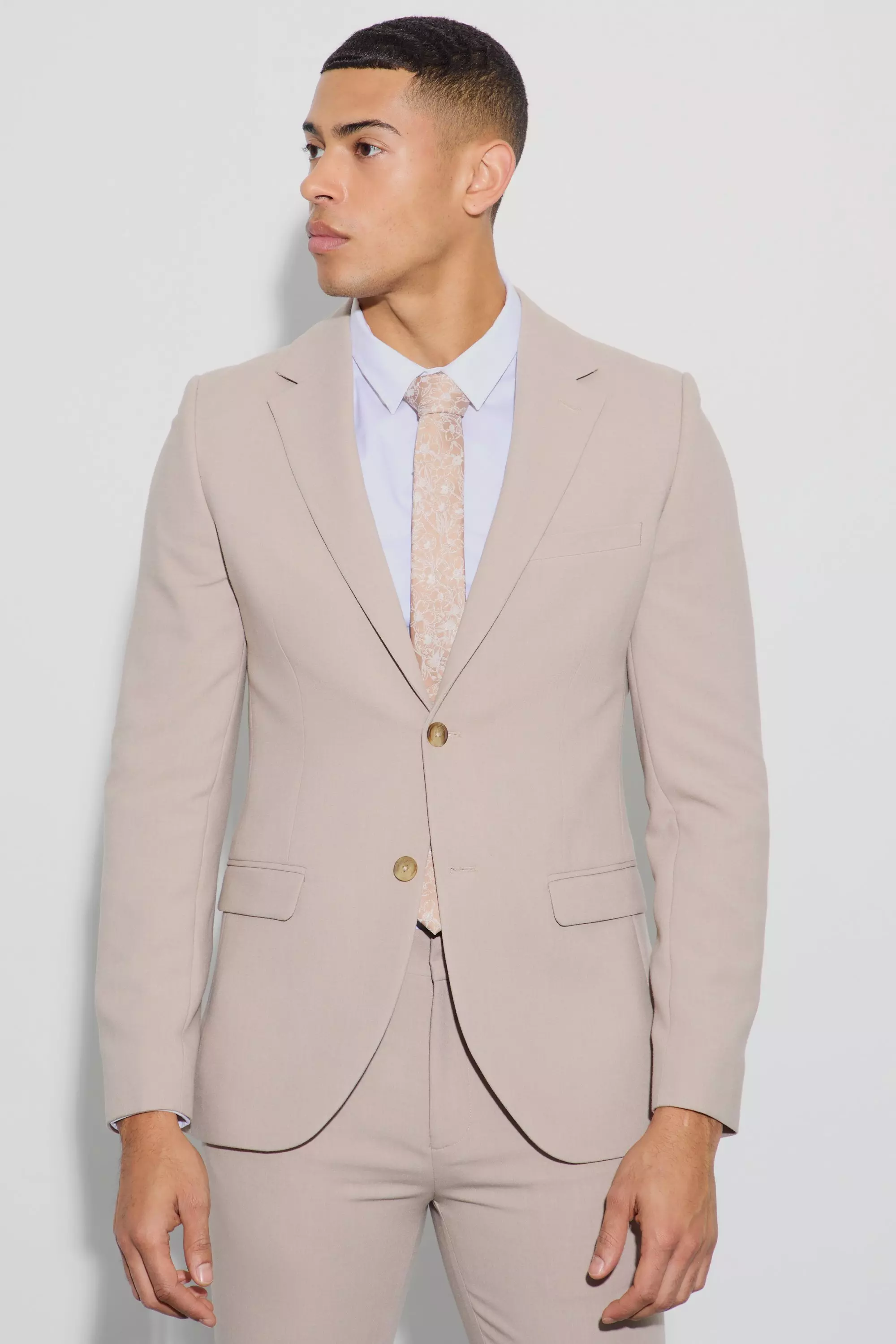 Beige Jersey Skinny Single Breasted Suit Jacket