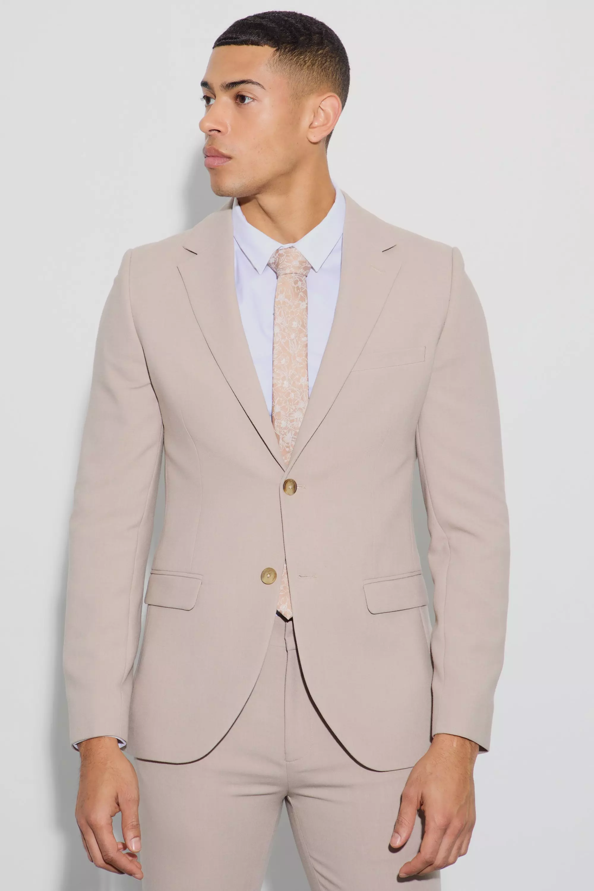 Jersey Skinny Single Breasted Suit Jacket Beige