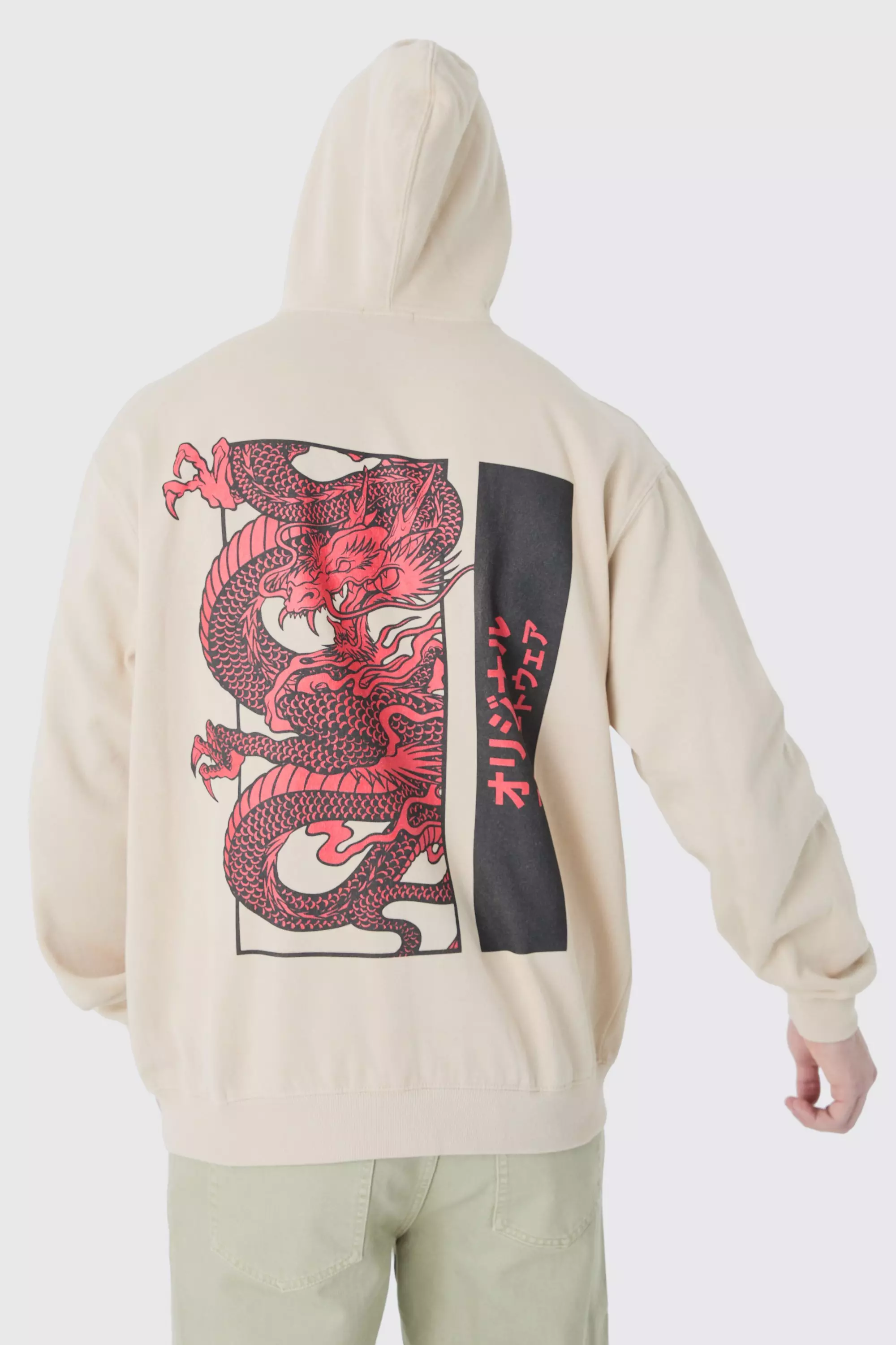 Sand Beige Tall Oversized Dragon Graphic Hoodie