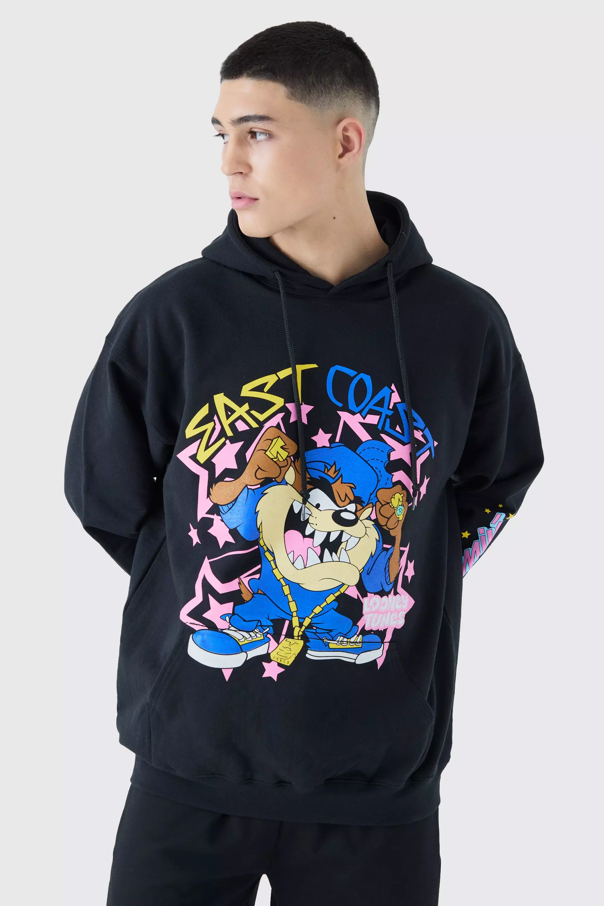 Oversized Looney Tunes Taz Multi Print License Hoodie Black