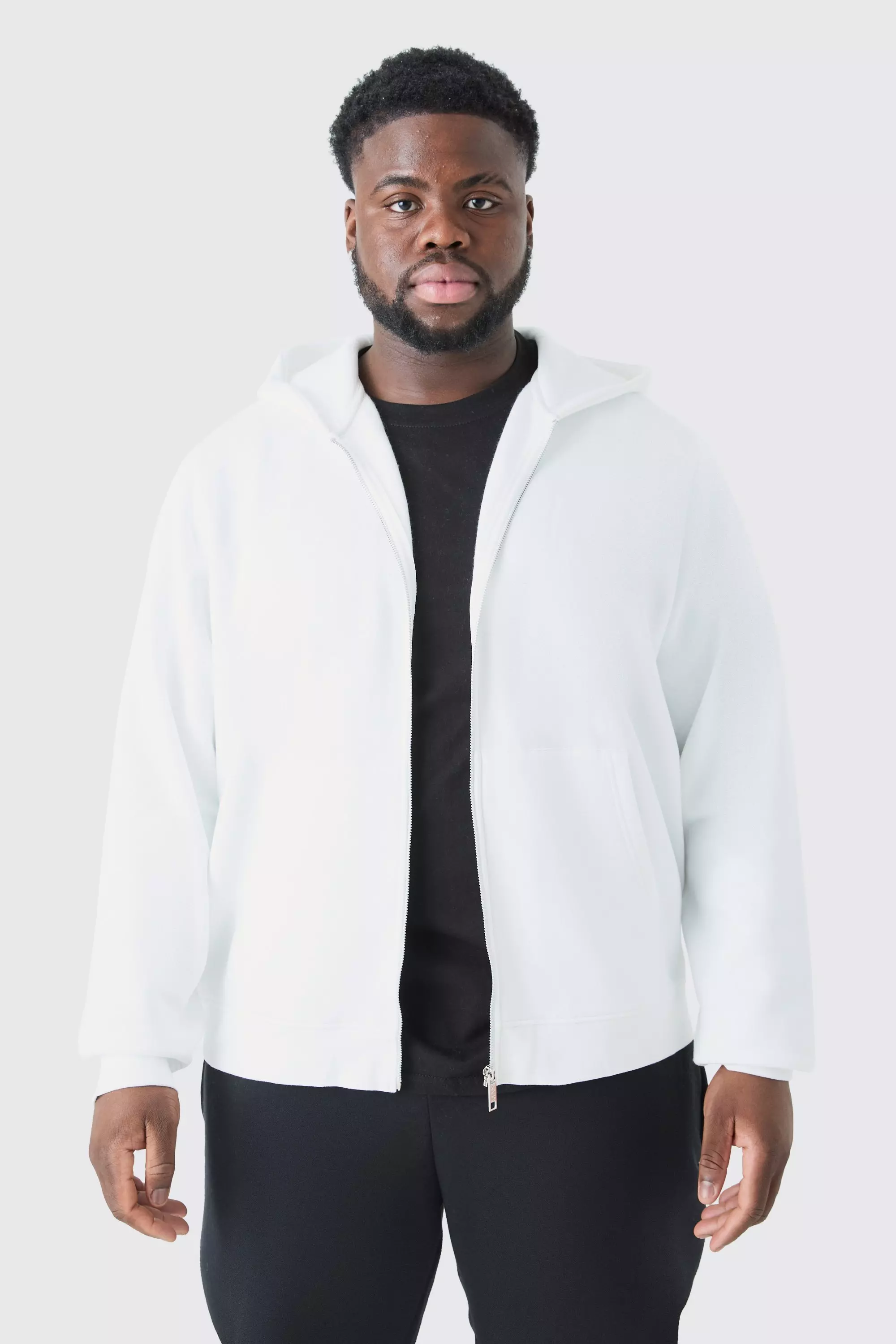 Plus Basic Zip Through Hoodie In White boohooMAN UK