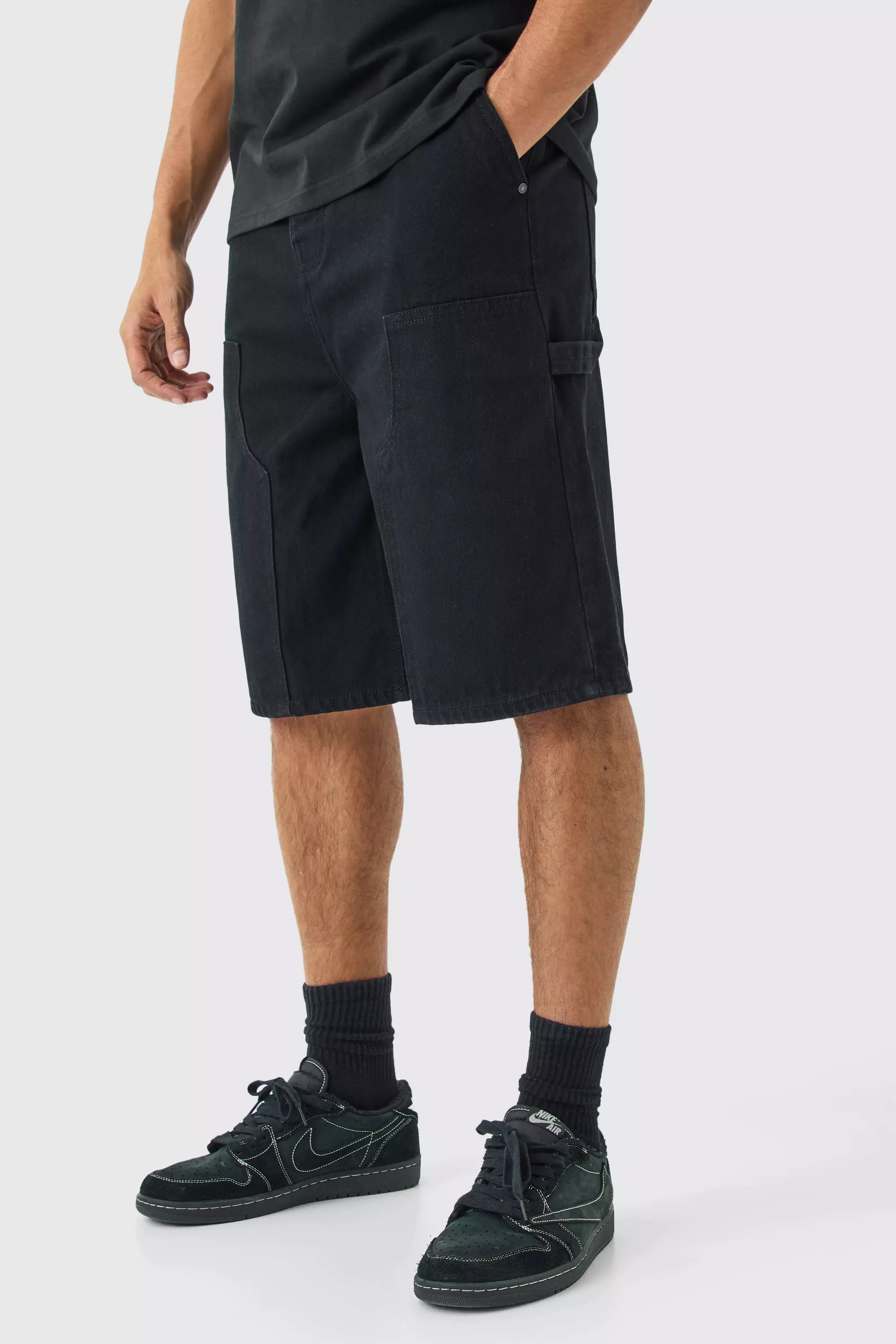 Black Carpenter Detail Denim Jorts In Black