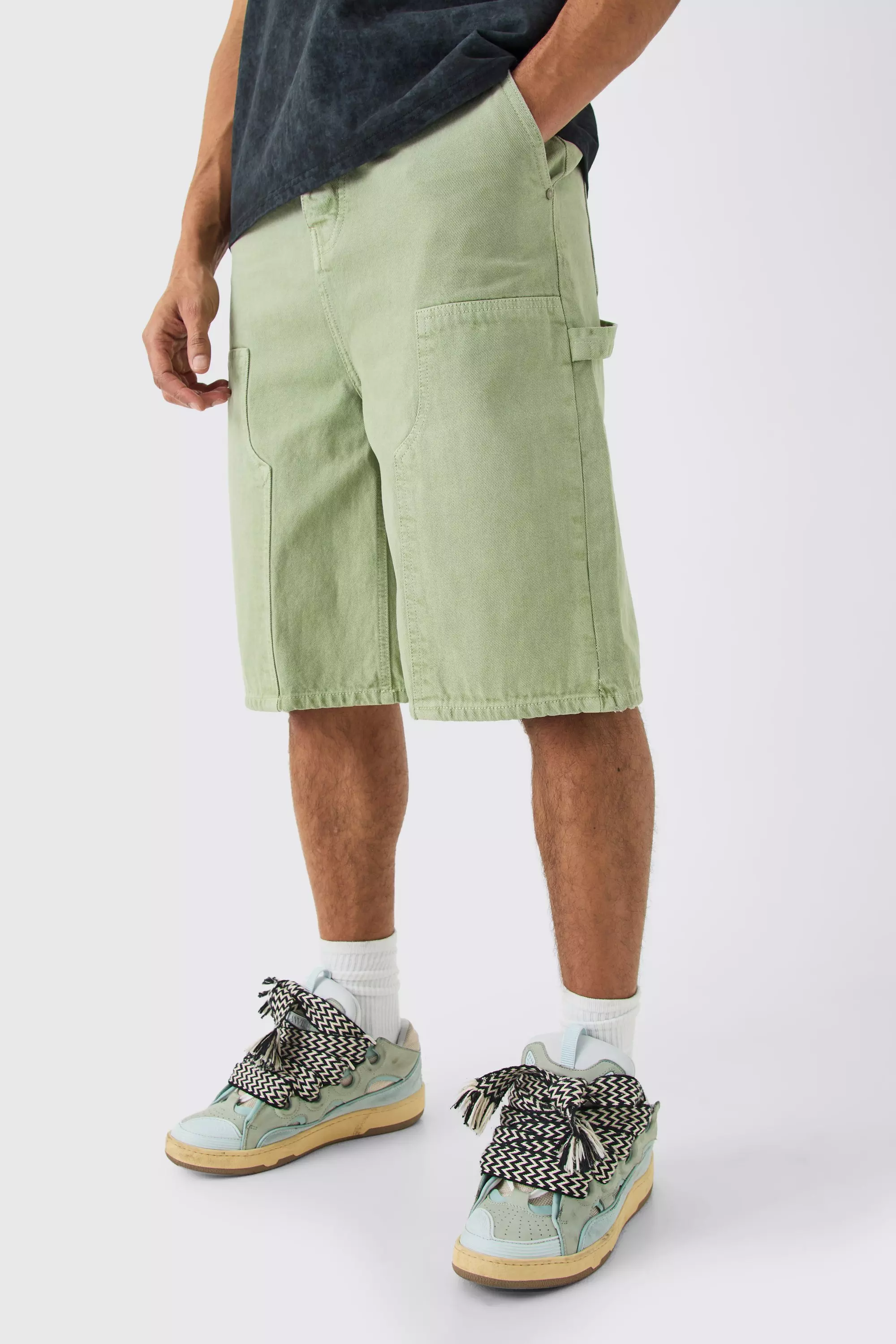 Overdyed Carpenter Detail Denim Jorts In Sage Sage